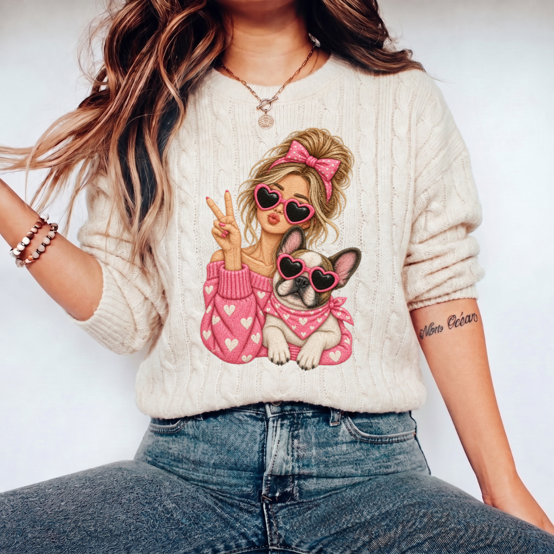 Girl and French Bulldog with Pink Hearts Sunglasses Embroidery Design