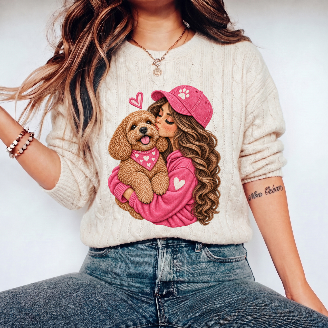 Girl Hugging Fluffy Brown Dog with Pink Hearts Embroidery Design
