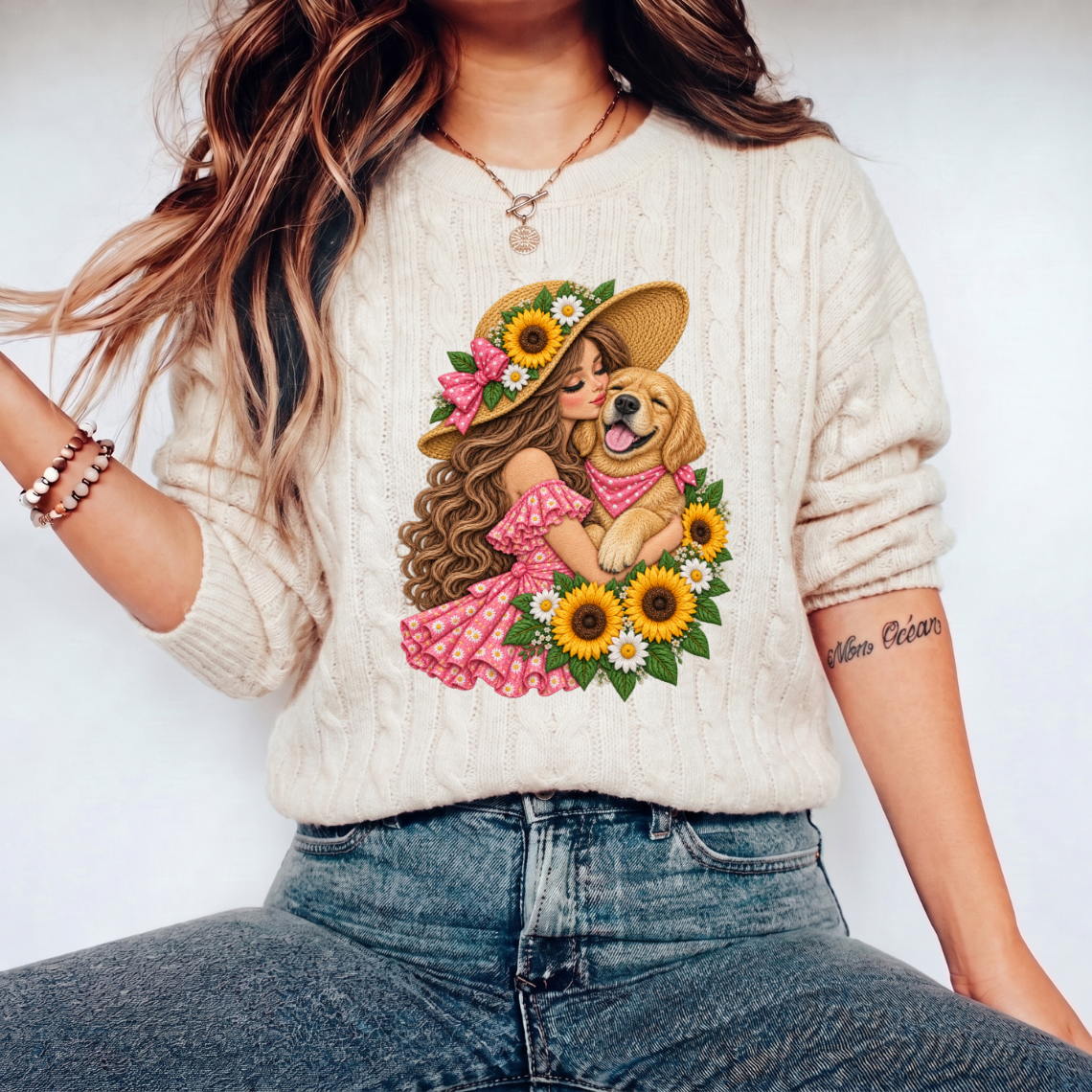 Girl Hugging Golden Retriever with Sunflowers and Floral Embroidery Design