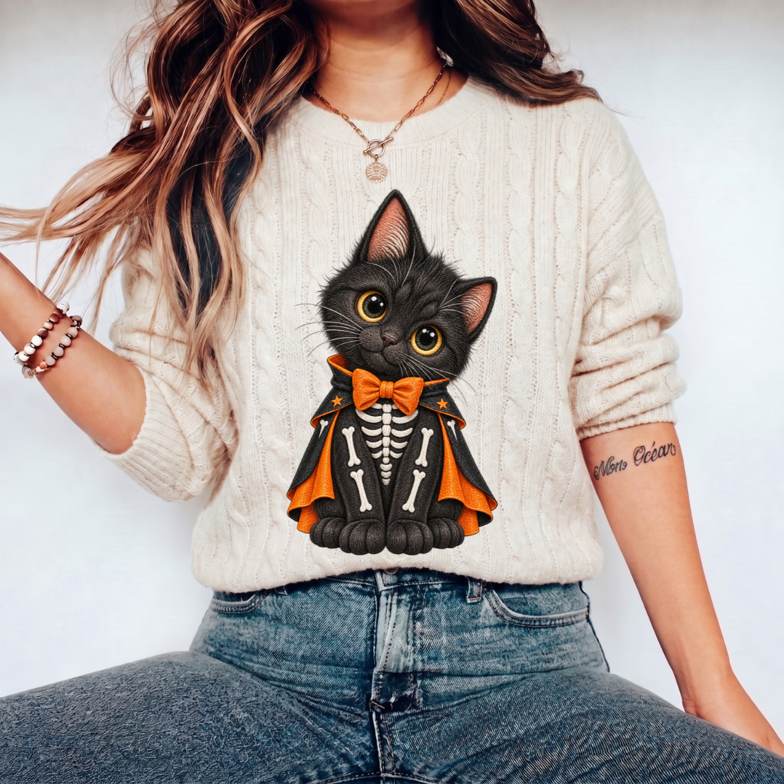 Black Witch Cat with Pumpkin Bow Halloween Embroidery Design