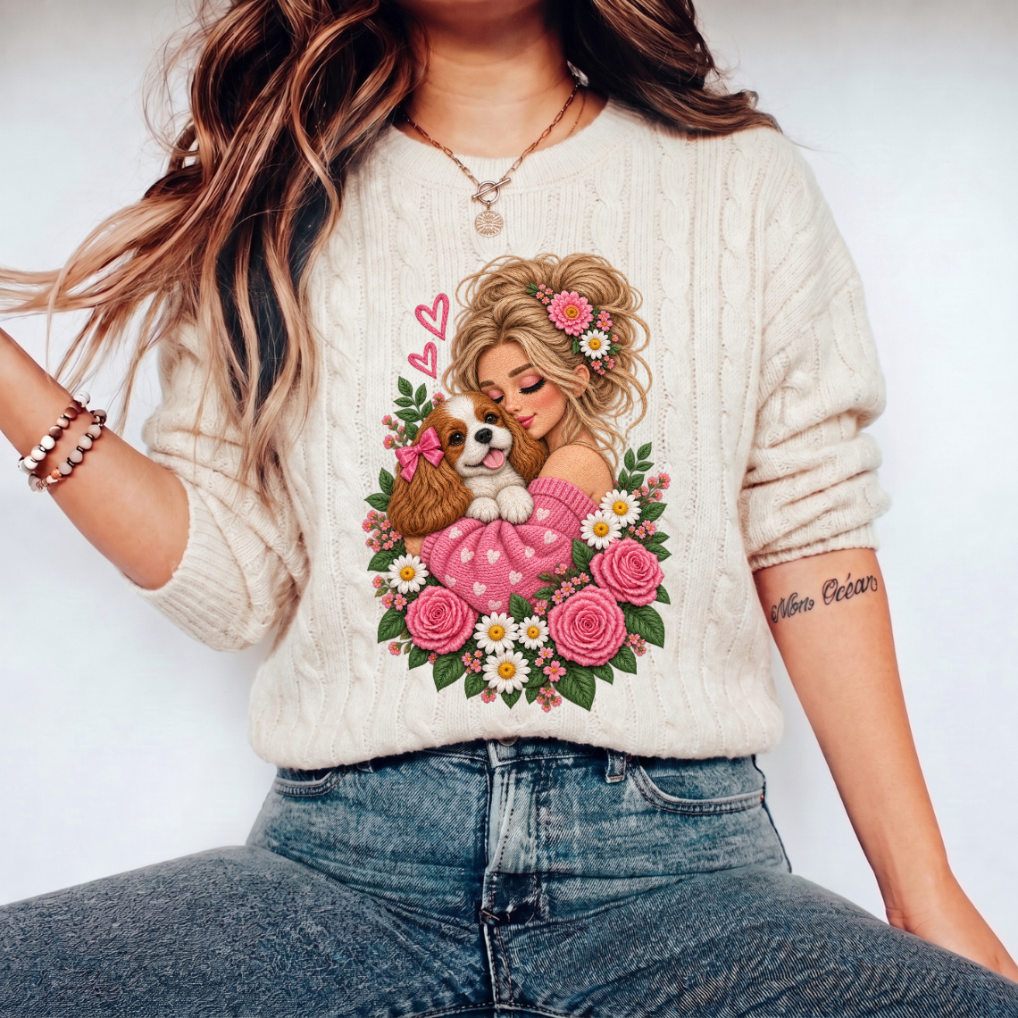 Girl Hugging Cavalier King Charles Spaniel with Pink Roses Embroidery Design