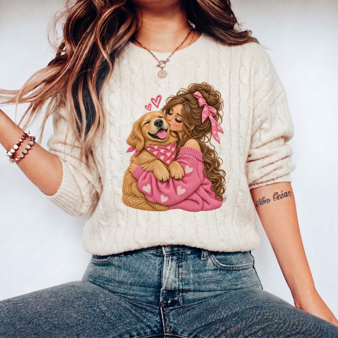 Girl Kissing Golden Retriever in Pink Sweater Embroidery Design