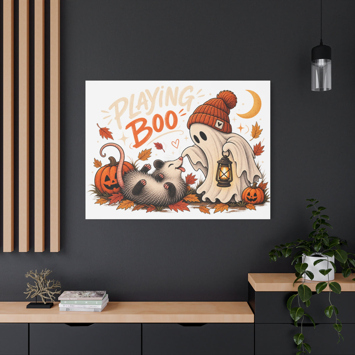 Playing Boo Canvas Wall Art — Cute Halloween Ghost & Possum Matte Stretched Print