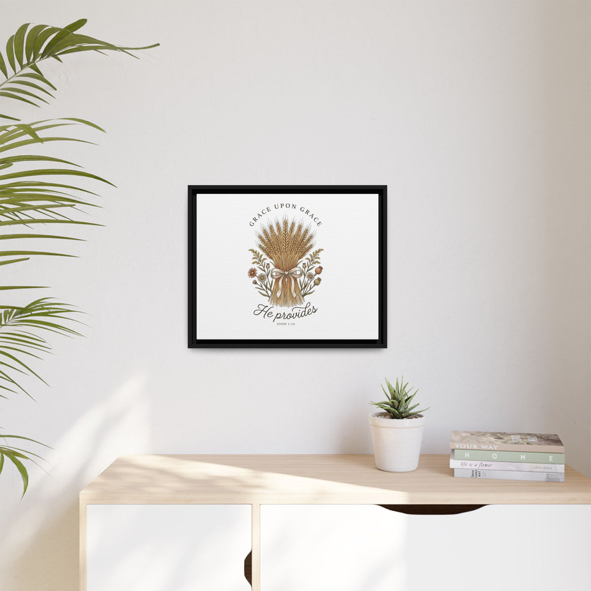 Framed Matte Canvas Wall Art — "He Provides" Wheat & Floral Religious Print