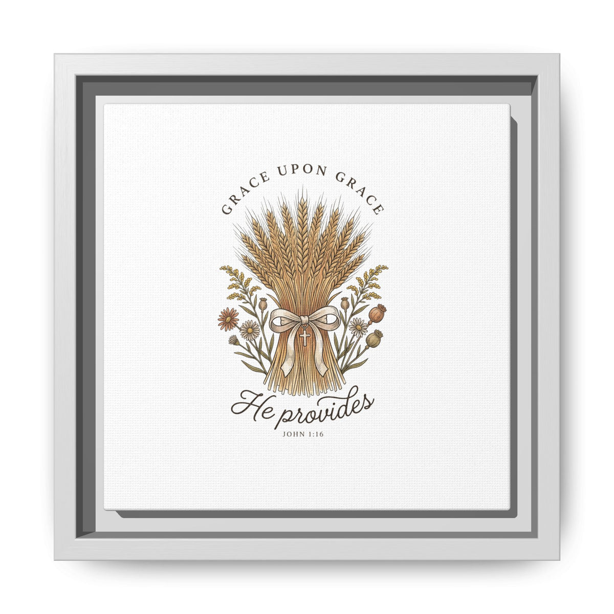 Framed Matte Canvas Wall Art — "He Provides" Wheat & Floral Religious Print