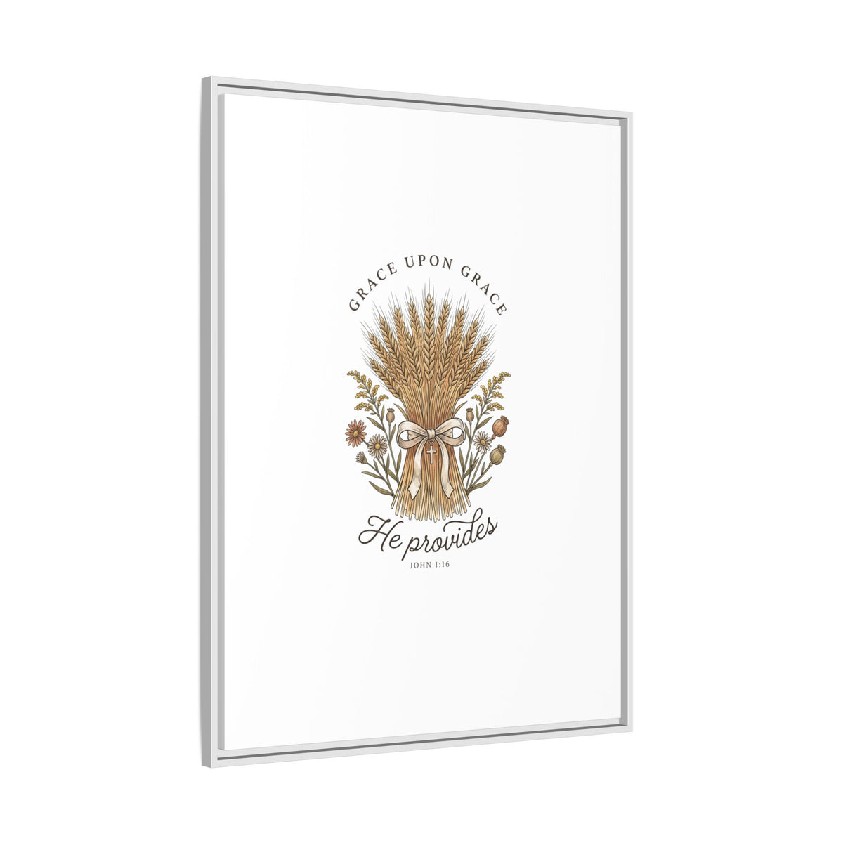 Framed Matte Canvas Wall Art — "He Provides" Wheat & Floral Religious Print