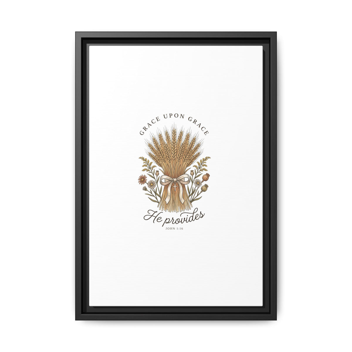 Framed Matte Canvas Wall Art — "He Provides" Wheat & Floral Religious Print
