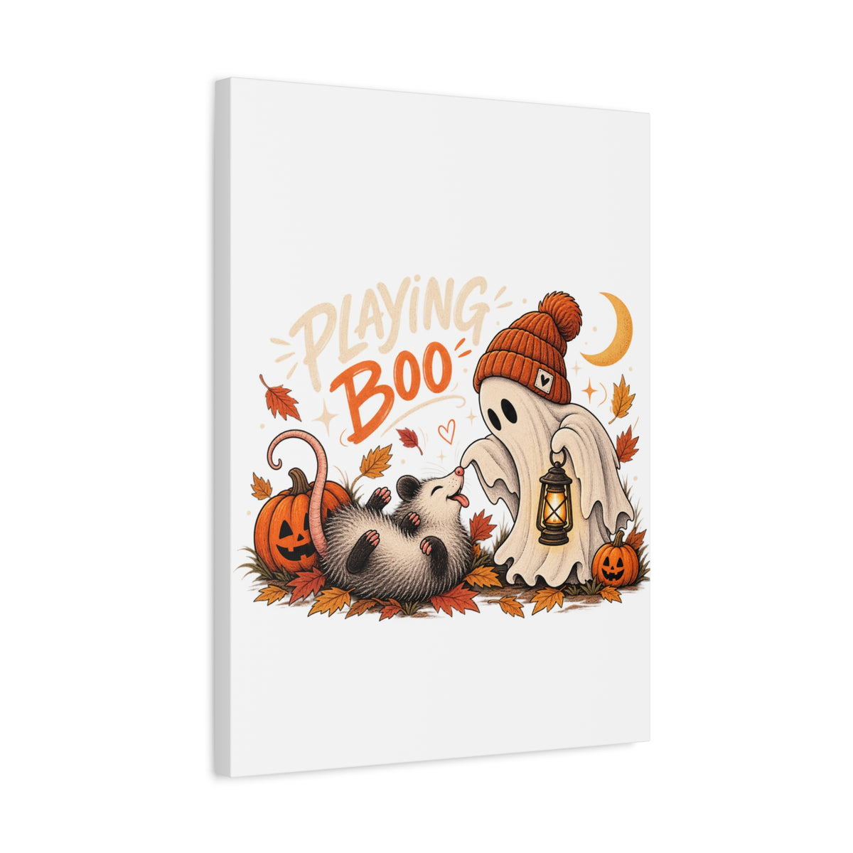 Playing Boo Canvas Wall Art — Cute Halloween Ghost & Possum Matte Stretched Print