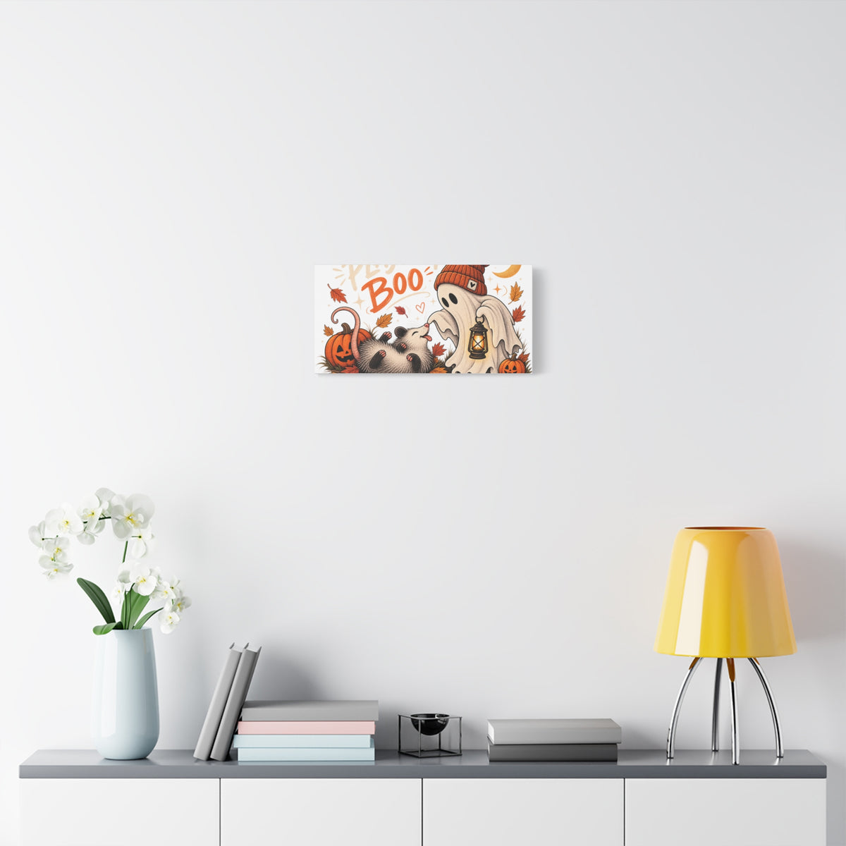 Playing Boo Canvas Wall Art — Cute Halloween Ghost & Possum Matte Stretched Print