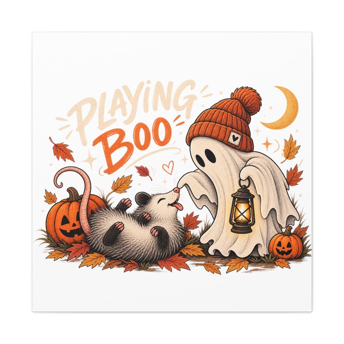 Playing Boo Canvas Wall Art — Cute Halloween Ghost & Possum Matte Stretched Print