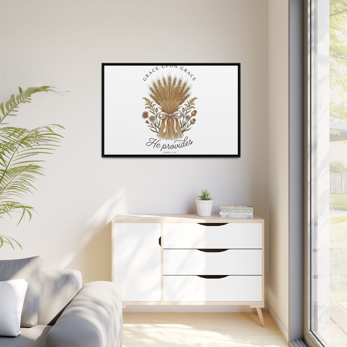 Framed Matte Canvas Wall Art — "He Provides" Wheat & Floral Religious Print
