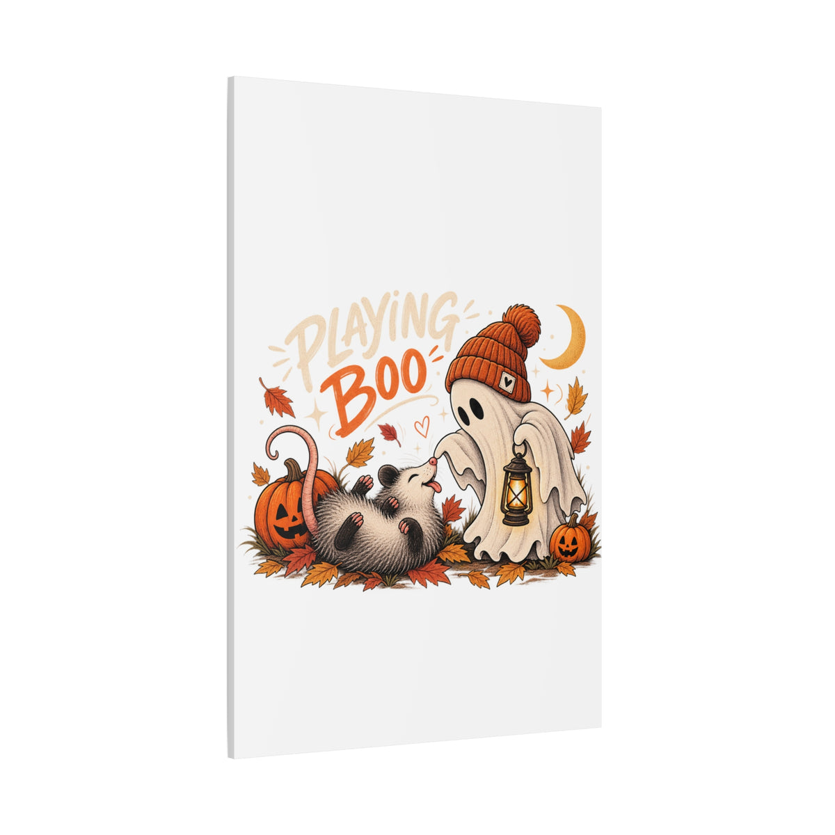 Playing Boo Canvas Wall Art — Cute Halloween Ghost & Possum Matte Stretched Print