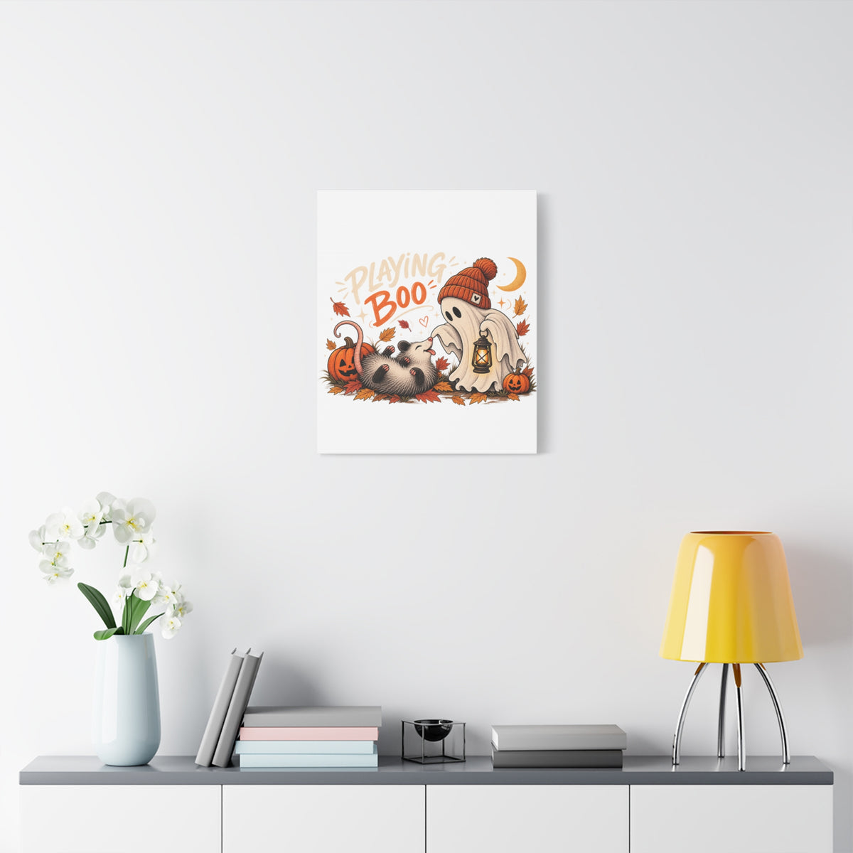 Playing Boo Canvas Wall Art — Cute Halloween Ghost & Possum Matte Stretched Print