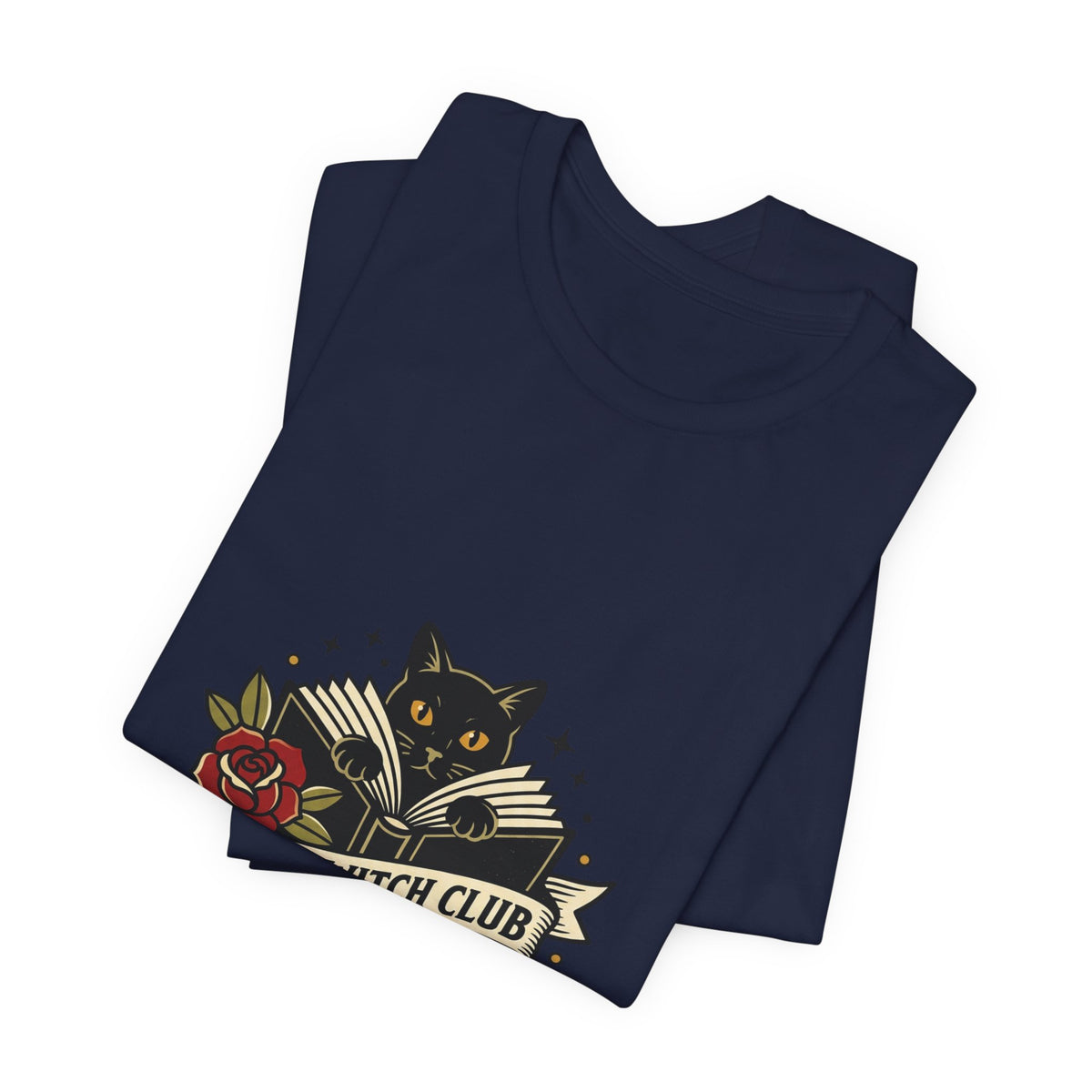 Book Witch Club tee | Traditional tattoo flash cat, roses, banner