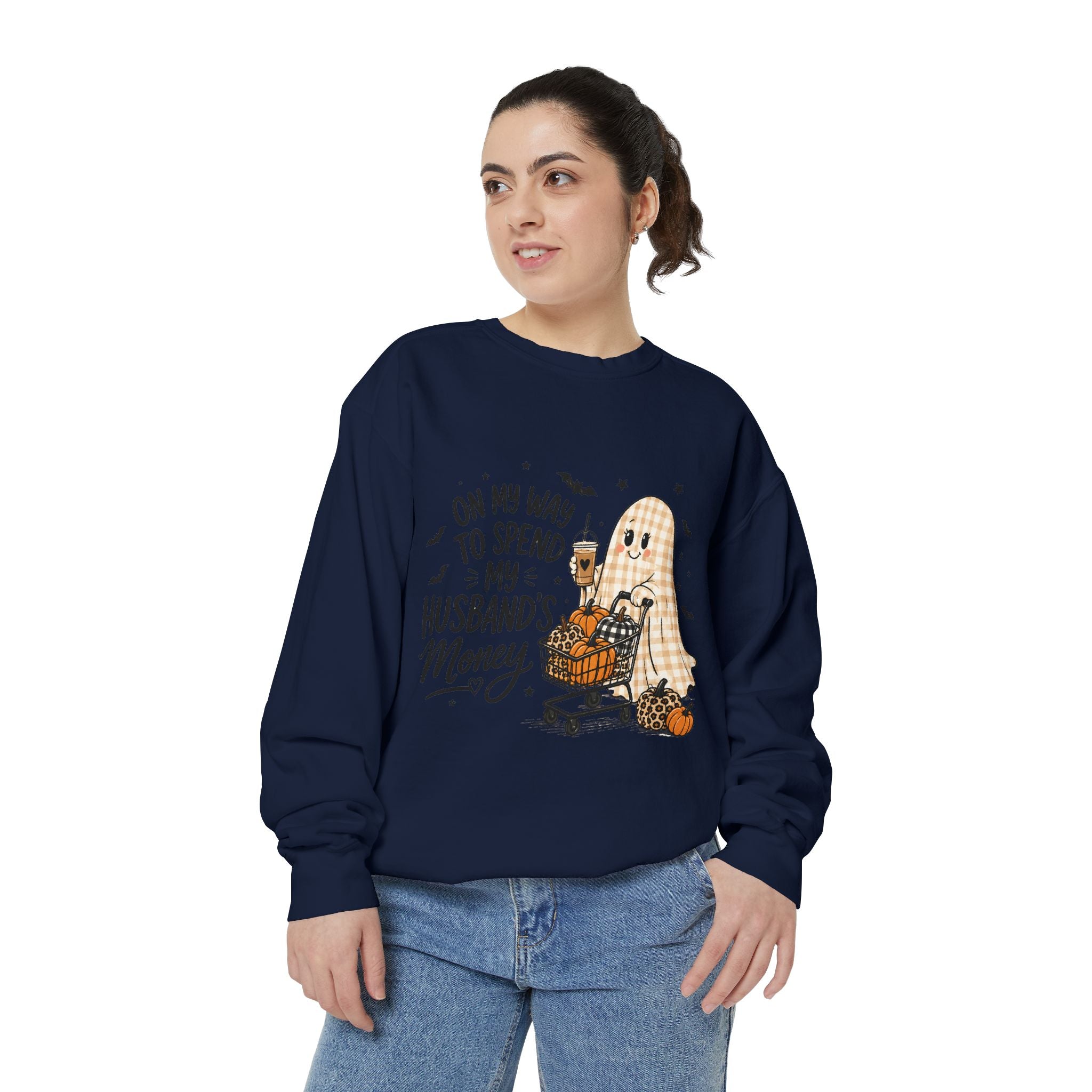 Halloween Ghost Sweatshirt — “On My Way to Spend My Husband’s Money” Cozy Pullover