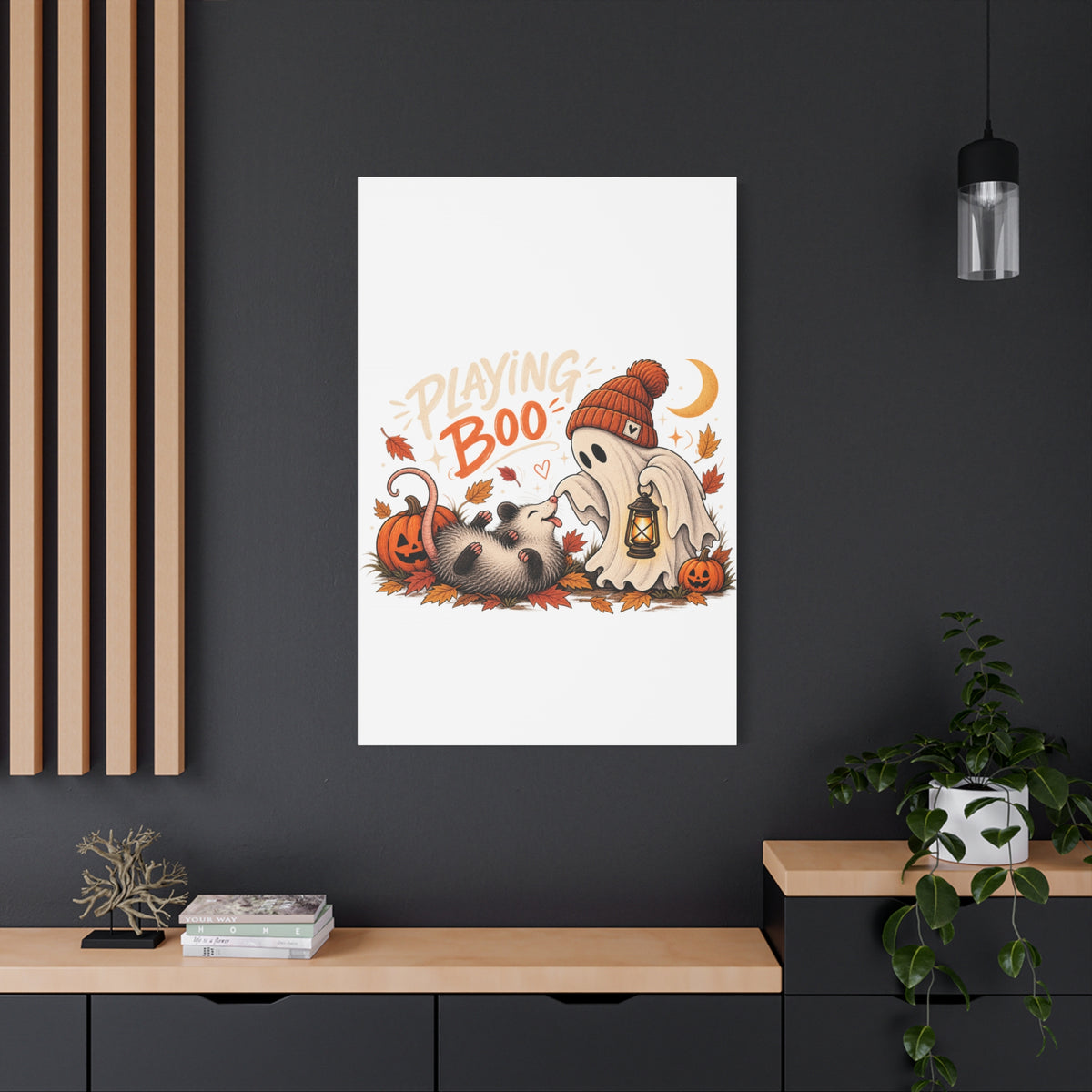 Playing Boo Canvas Wall Art — Cute Halloween Ghost & Possum Matte Stretched Print
