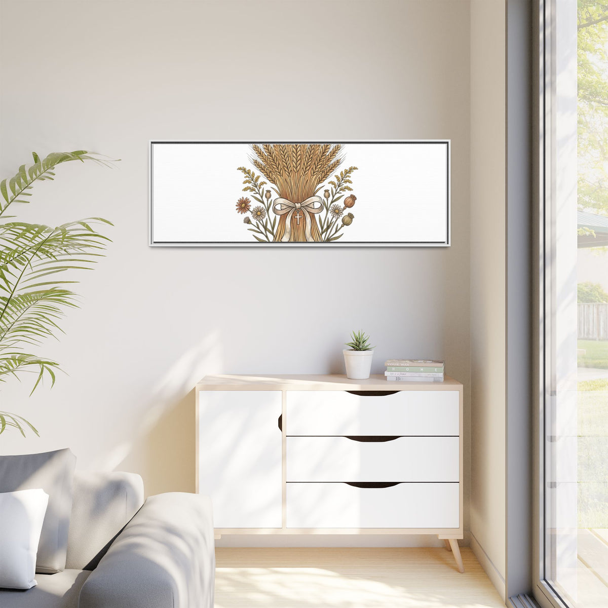 Framed Matte Canvas Wall Art — "He Provides" Wheat & Floral Religious Print