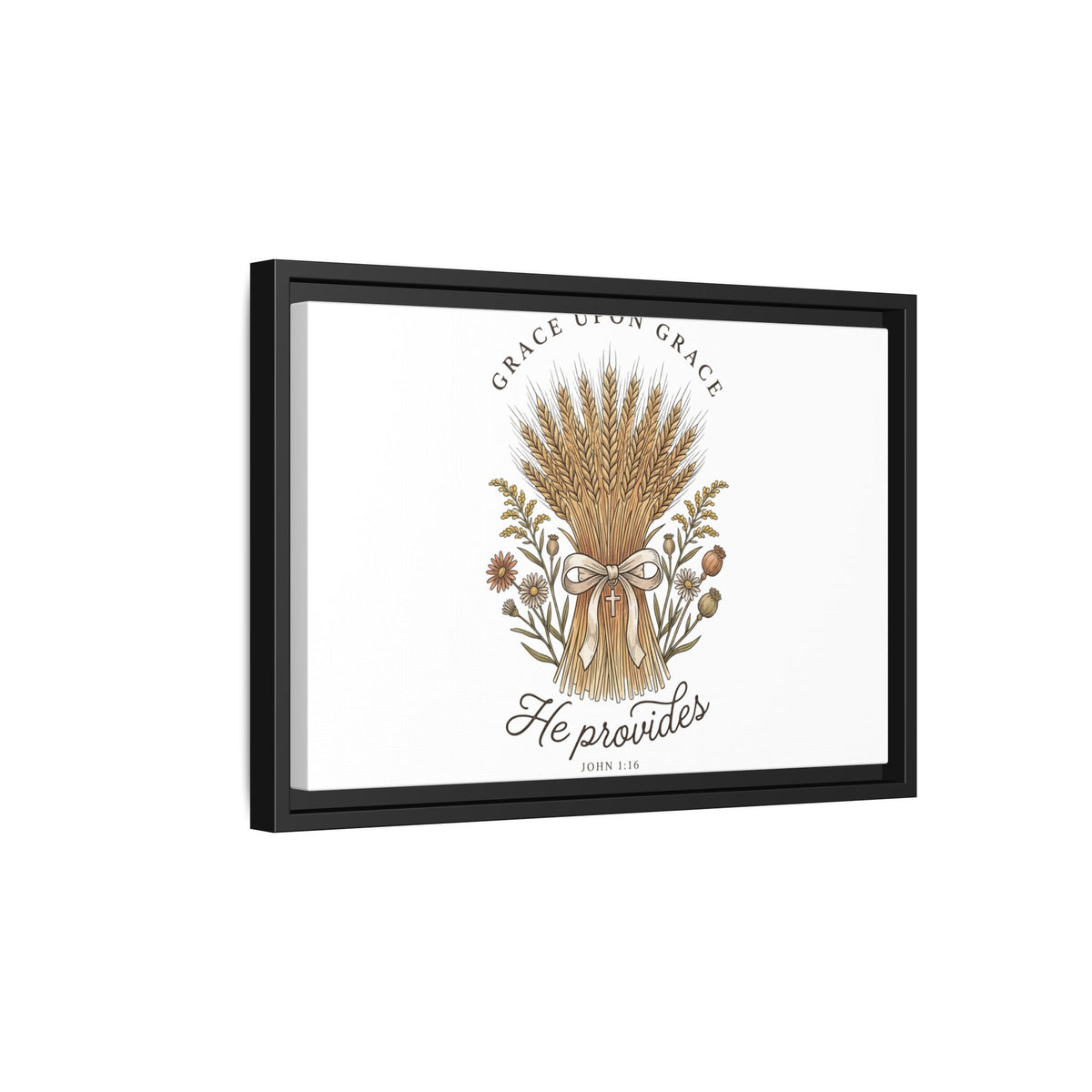Framed Matte Canvas Wall Art — "He Provides" Wheat & Floral Religious Print
