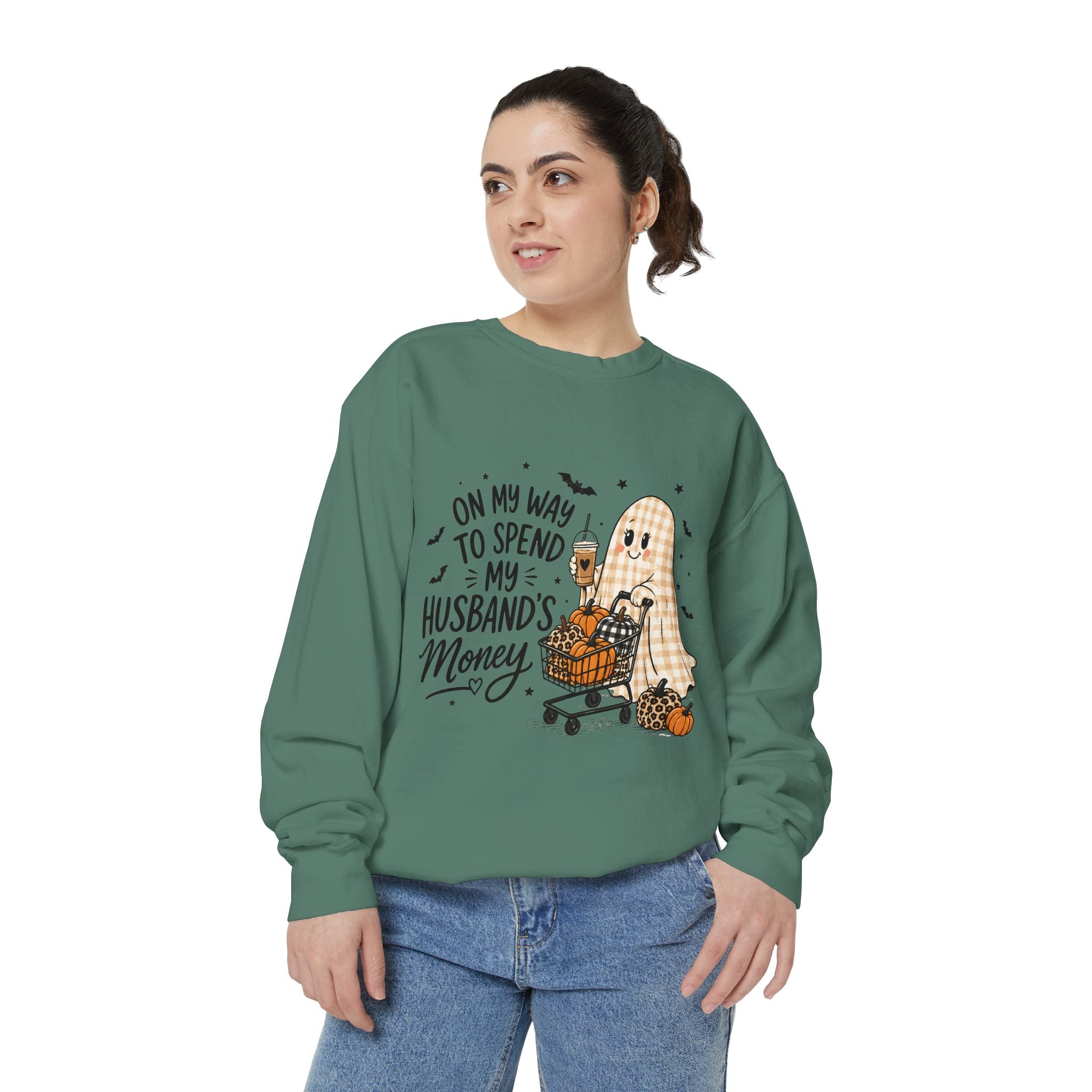 Halloween Ghost Sweatshirt — “On My Way to Spend My Husband’s Money” Cozy Pullover