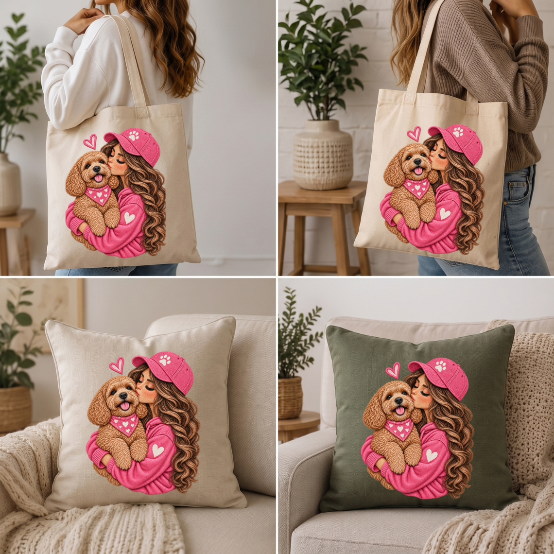 Girl Hugging Fluffy Brown Dog with Pink Hearts Embroidery Design