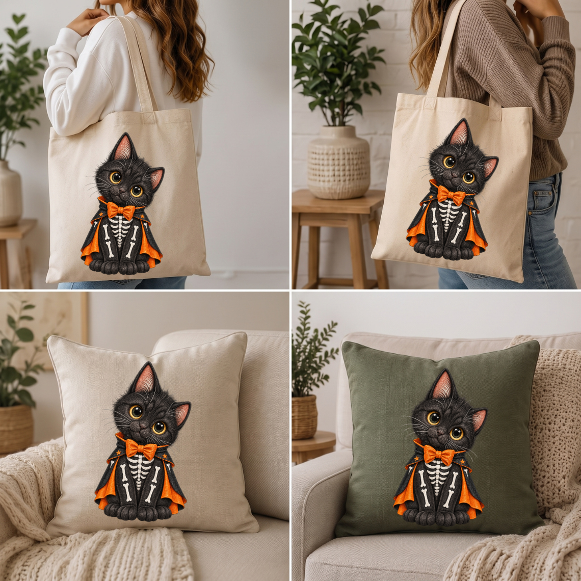 Black Witch Cat with Pumpkin Bow Halloween Embroidery Design