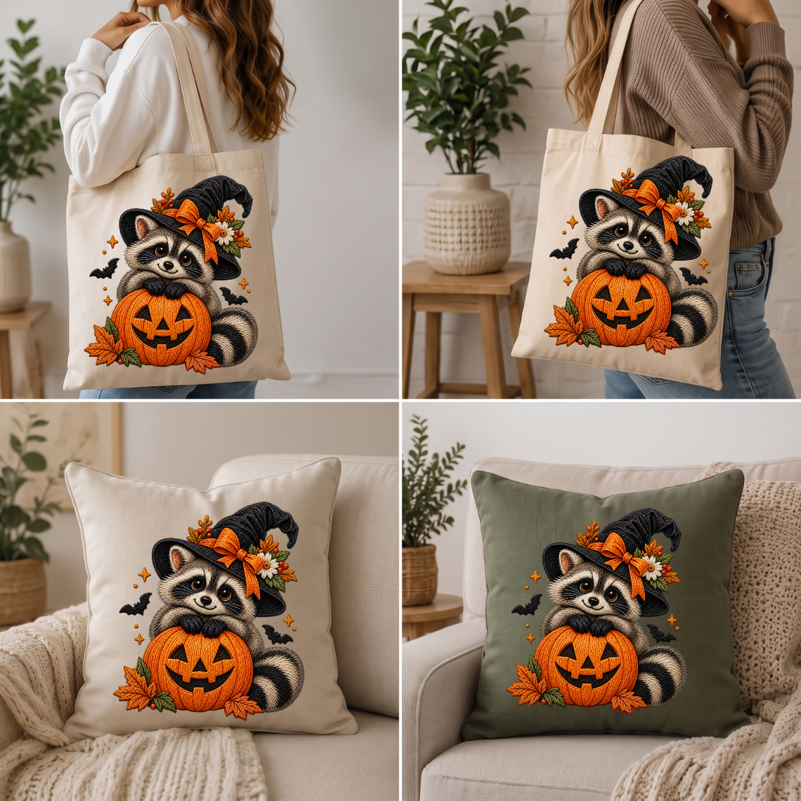 Halloween Raccoon Pumpkin Embroidery Design