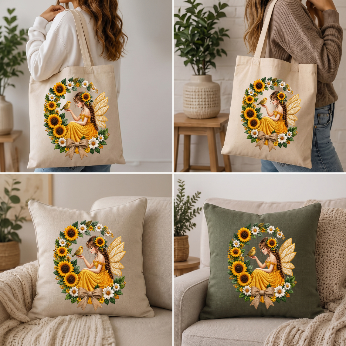 Sunflower Fairy with Bird and Floral Wreath Embroidery Design