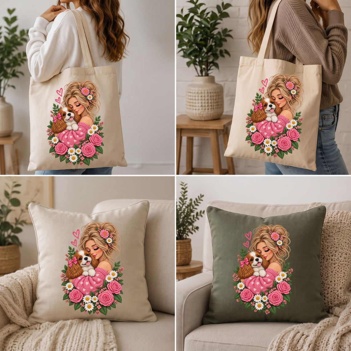 Girl Hugging Cavalier King Charles Spaniel with Pink Roses Embroidery Design