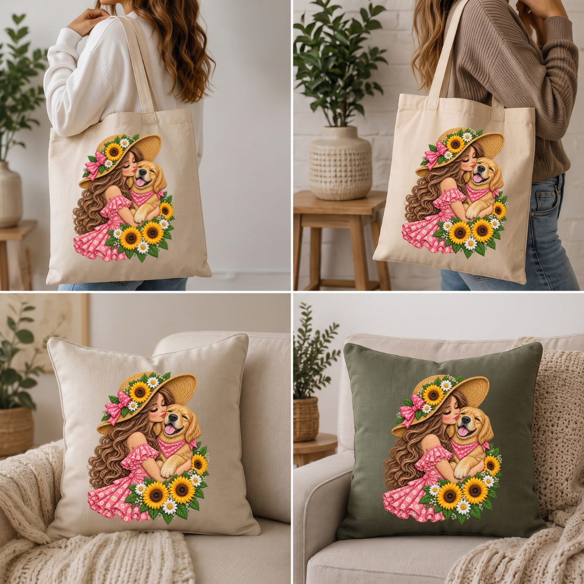 Girl Hugging Golden Retriever with Sunflowers and Floral Embroidery Design
