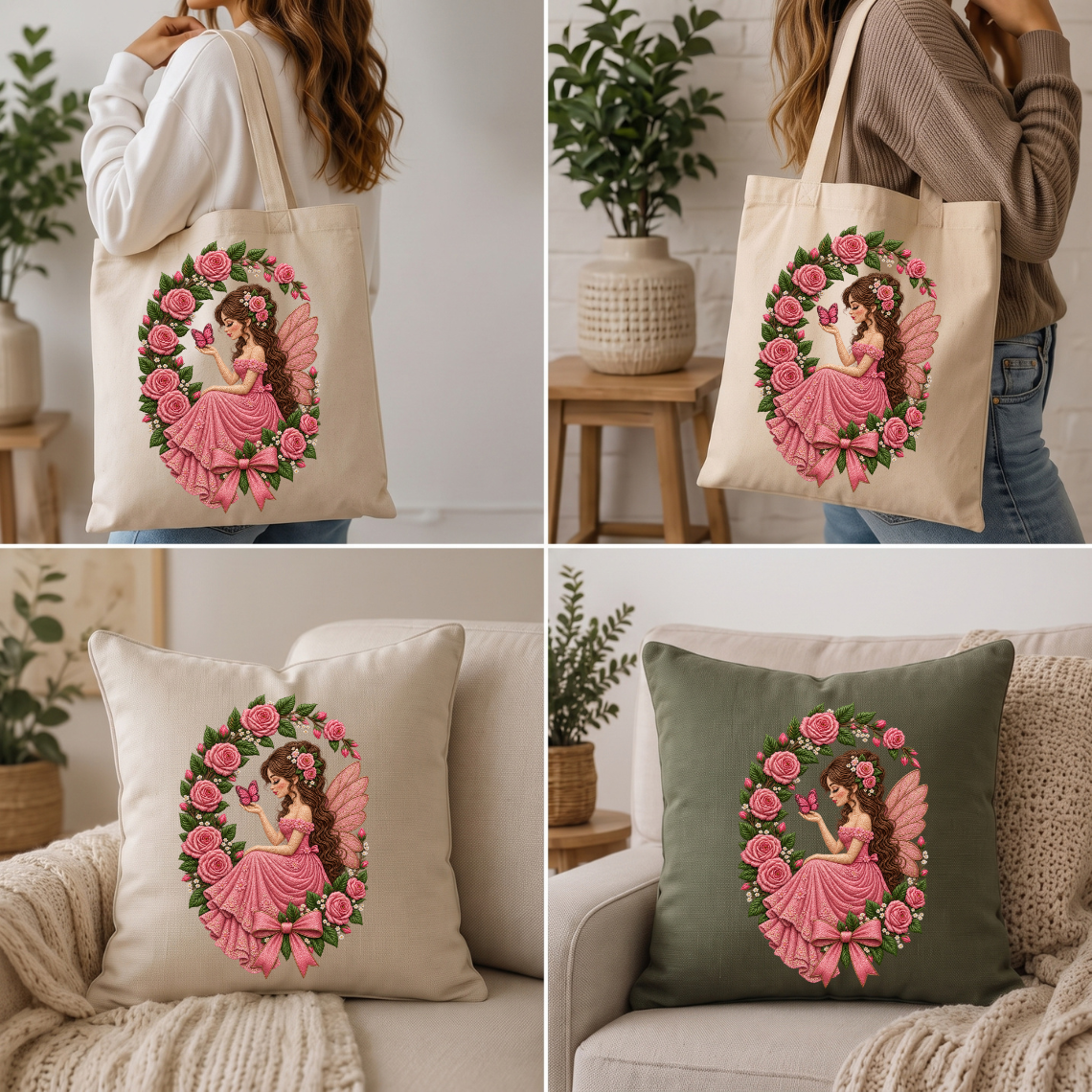 Pink Rose Fairy with Butterfly and Floral Wreath Embroidery Design
