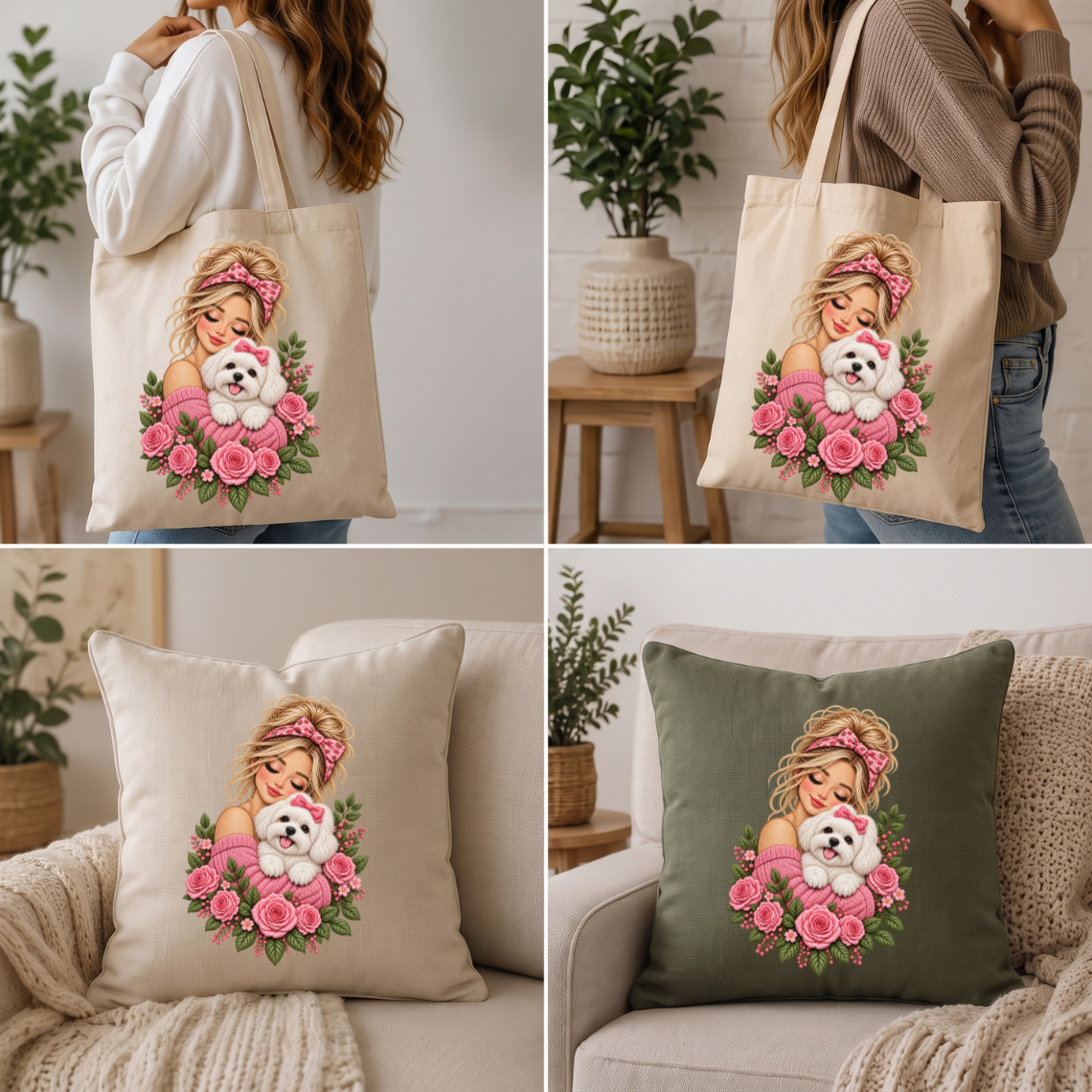 Girl Hugging Cute White Dog with Pink Roses Floral Embroidery Design