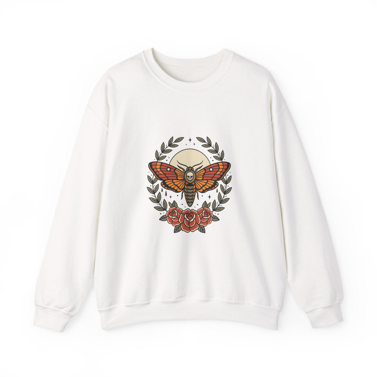 Moth & Roses Crewneck Sweatshirt | Traditional Tattoo-Inspired, Vintage Flash