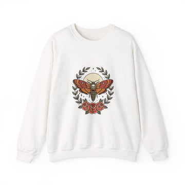 Moth & Roses Crewneck Sweatshirt | Traditional Tattoo-Inspired, Vintage Flash