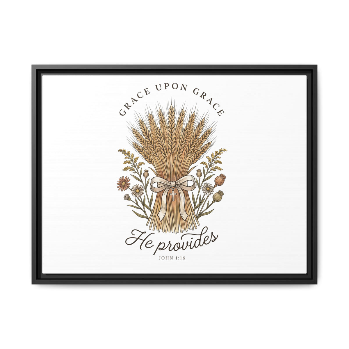 Framed Matte Canvas Wall Art — "He Provides" Wheat & Floral Religious Print