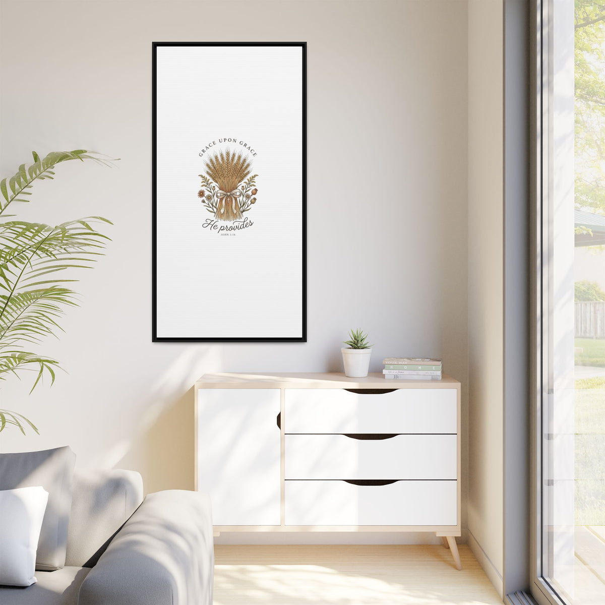 Framed Matte Canvas Wall Art — "He Provides" Wheat & Floral Religious Print