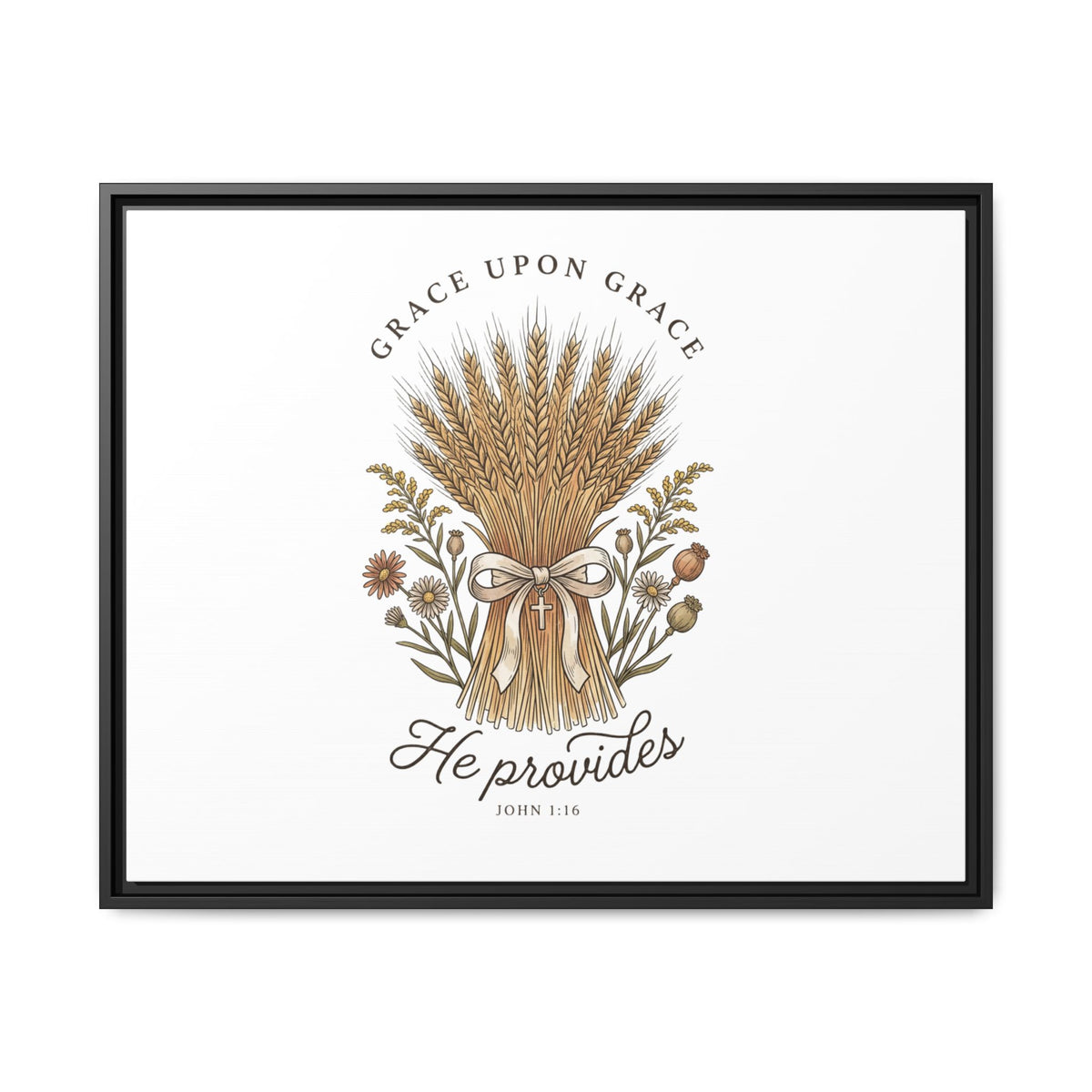 Framed Matte Canvas Wall Art — "He Provides" Wheat & Floral Religious Print