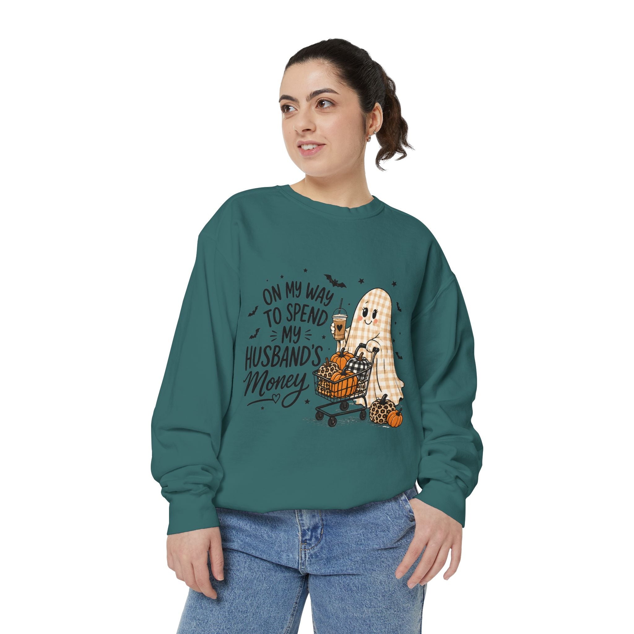 Halloween Ghost Sweatshirt — “On My Way to Spend My Husband’s Money” Cozy Pullover