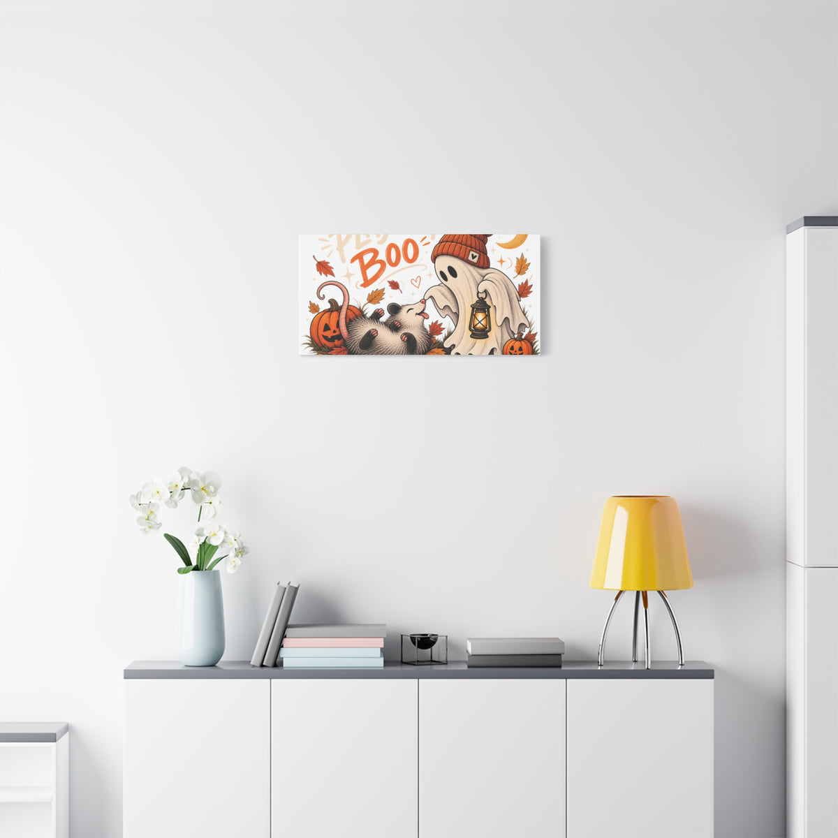 Playing Boo Canvas Wall Art — Cute Halloween Ghost & Possum Matte Stretched Print