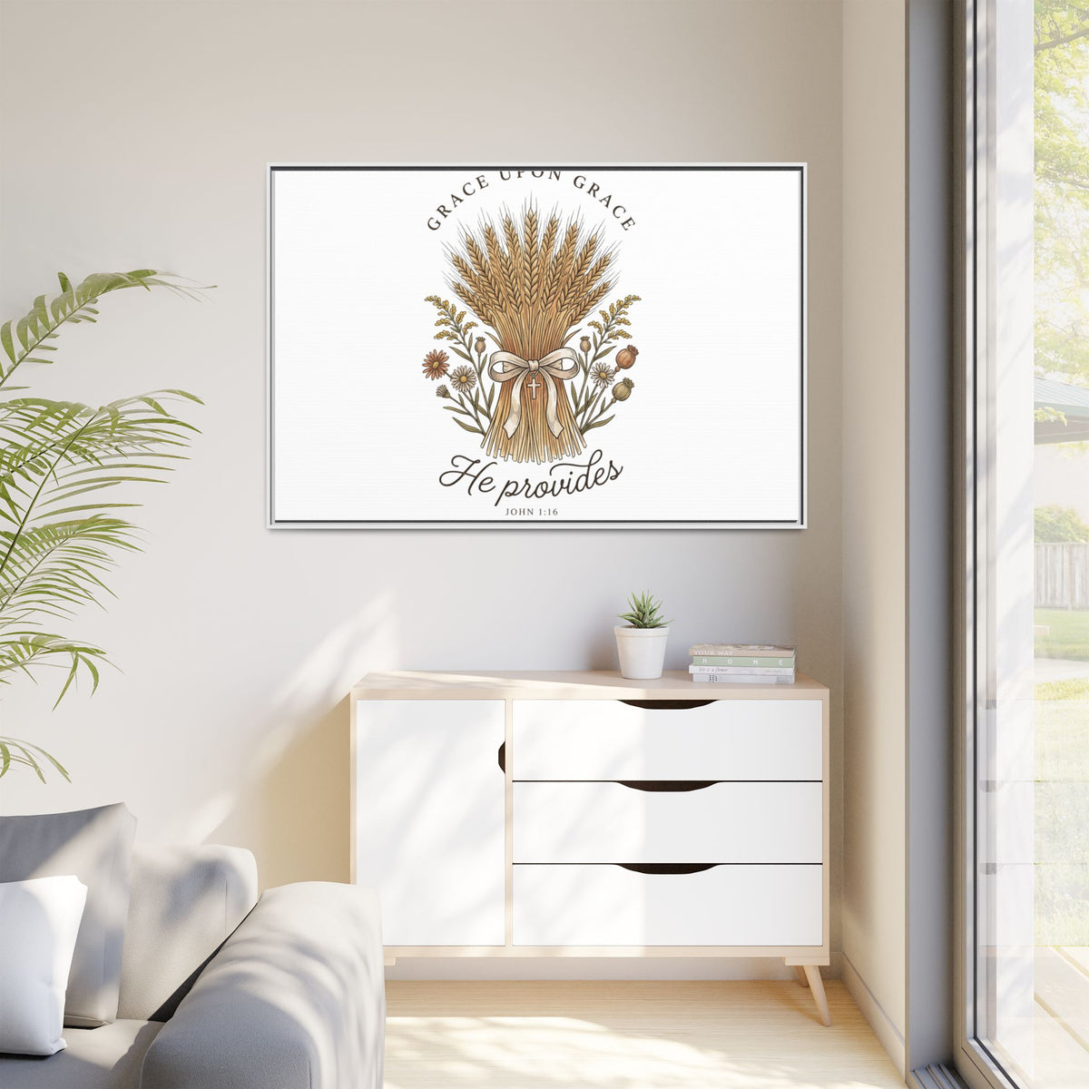 Framed Matte Canvas Wall Art — "He Provides" Wheat & Floral Religious Print