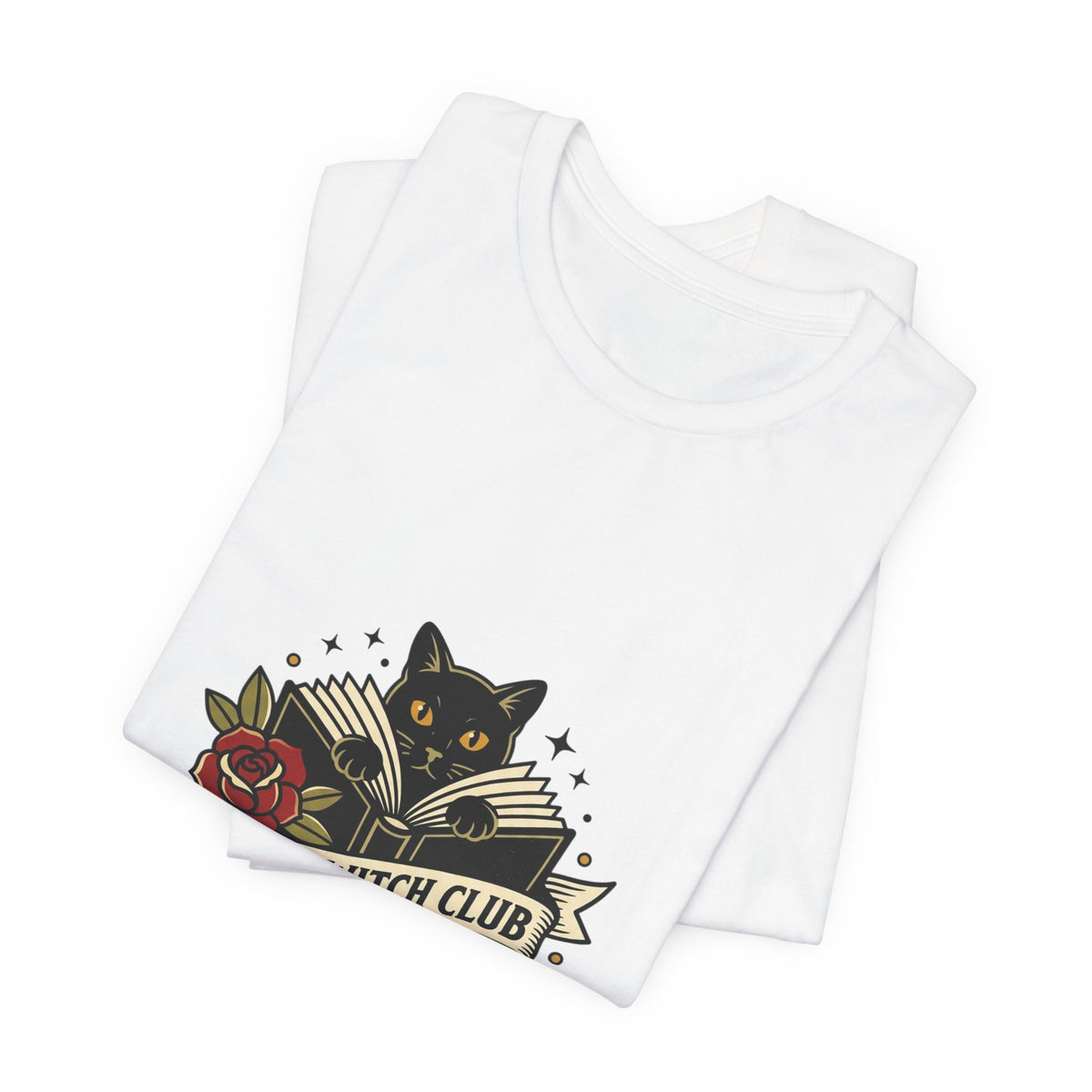 Book Witch Club tee | Traditional tattoo flash cat, roses, banner