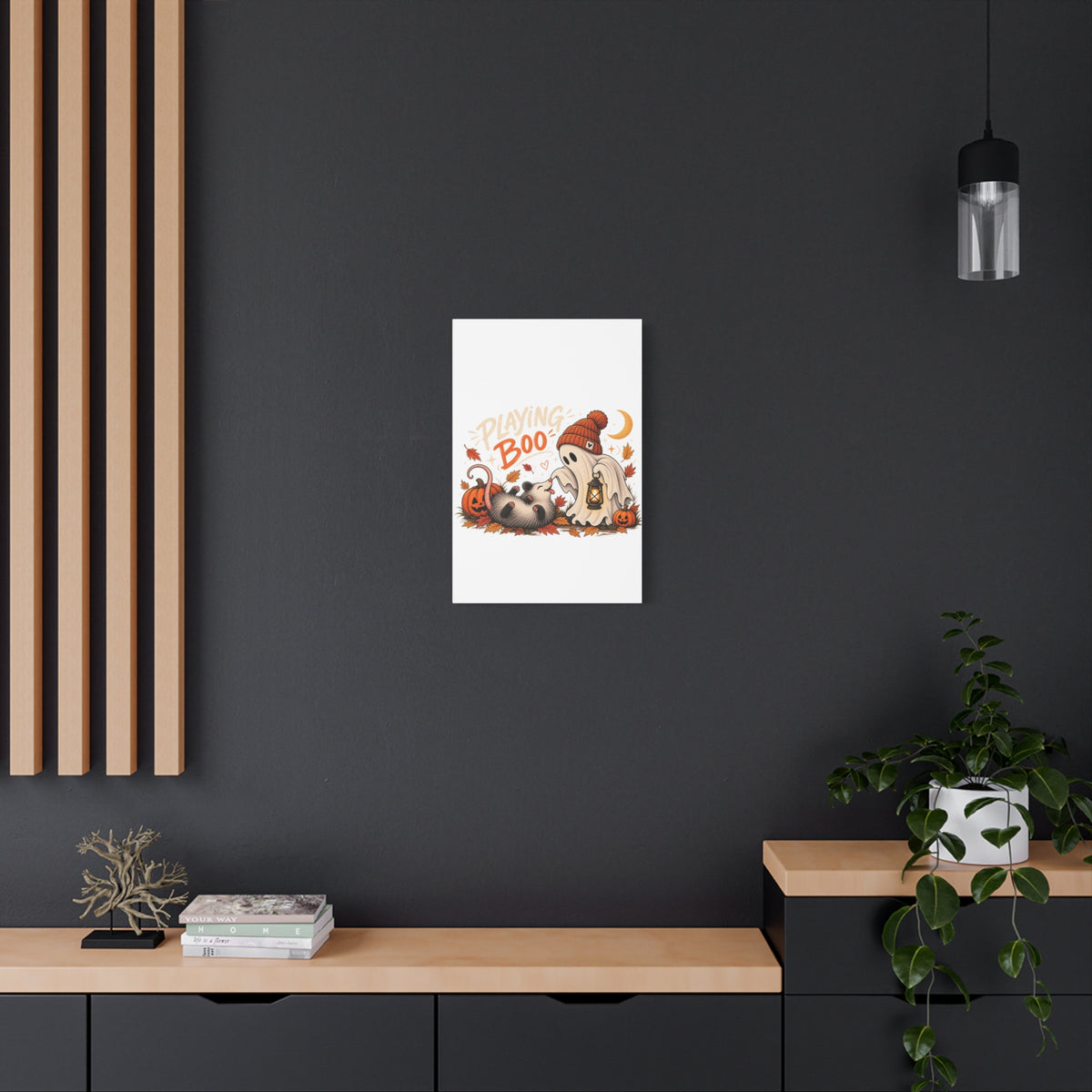 Playing Boo Canvas Wall Art — Cute Halloween Ghost & Possum Matte Stretched Print