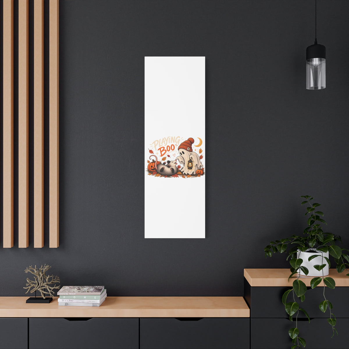 Playing Boo Canvas Wall Art — Cute Halloween Ghost & Possum Matte Stretched Print