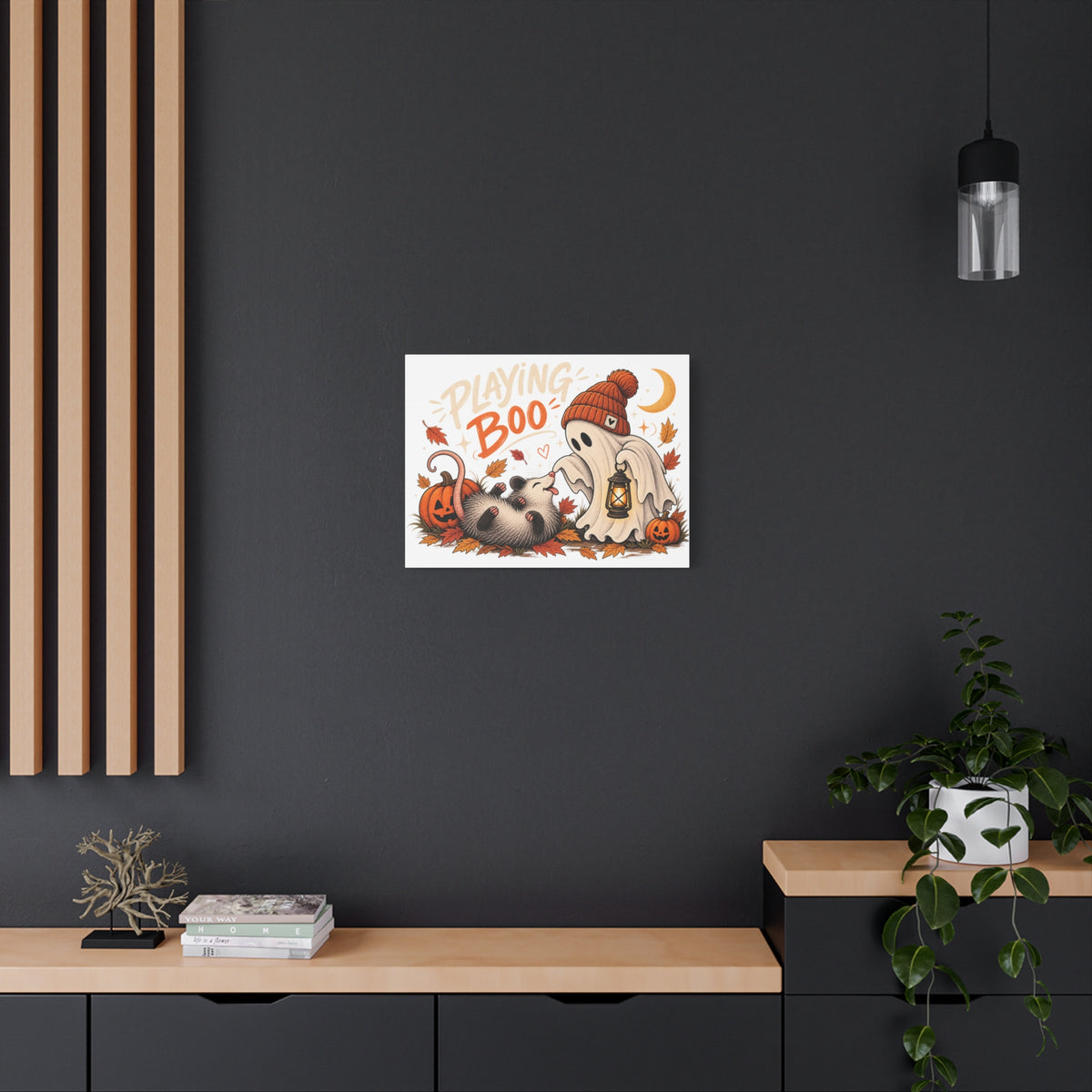 Playing Boo Canvas Wall Art — Cute Halloween Ghost & Possum Matte Stretched Print