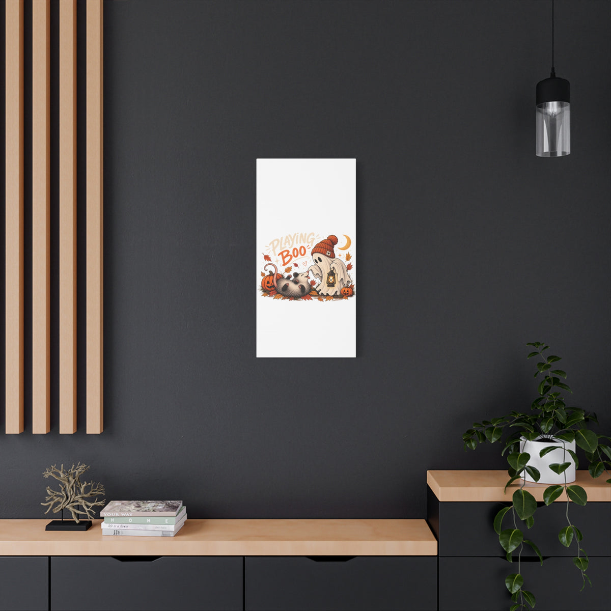 Playing Boo Canvas Wall Art — Cute Halloween Ghost & Possum Matte Stretched Print