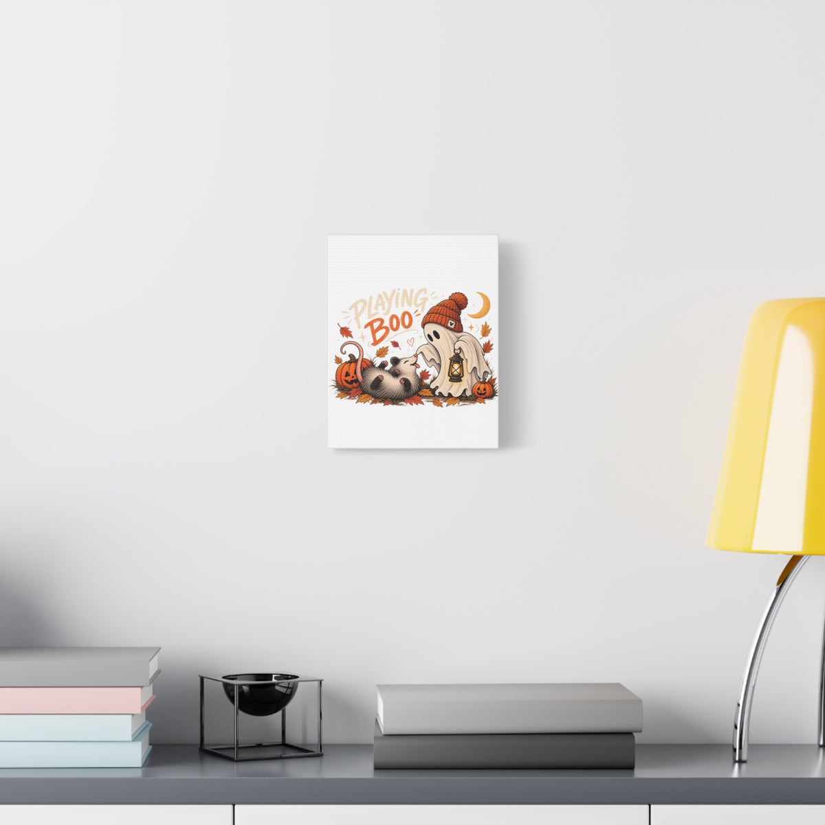 Playing Boo Canvas Wall Art — Cute Halloween Ghost & Possum Matte Stretched Print