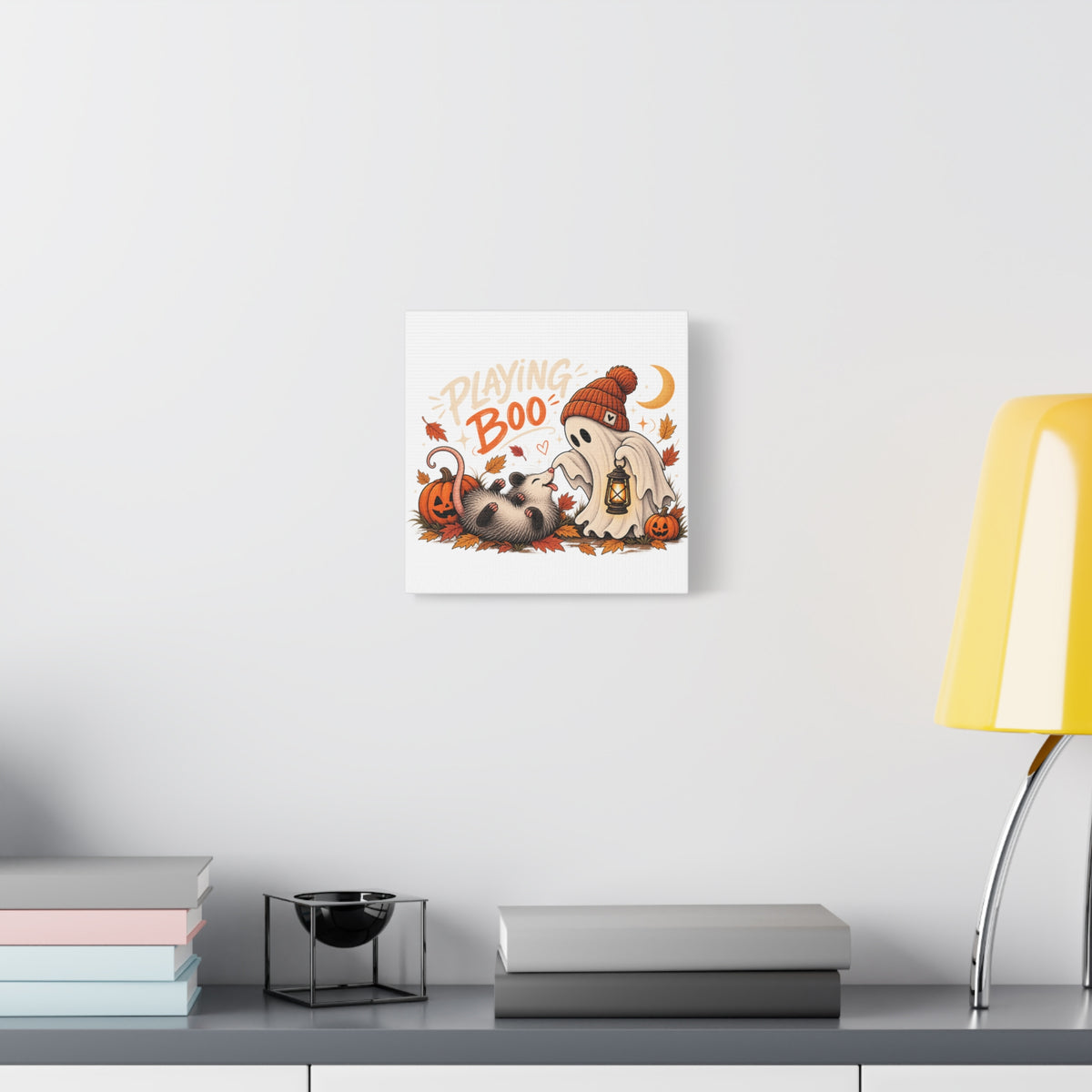 Playing Boo Canvas Wall Art — Cute Halloween Ghost & Possum Matte Stretched Print