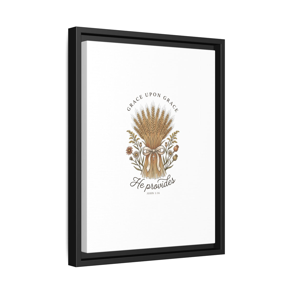 Framed Matte Canvas Wall Art — "He Provides" Wheat & Floral Religious Print