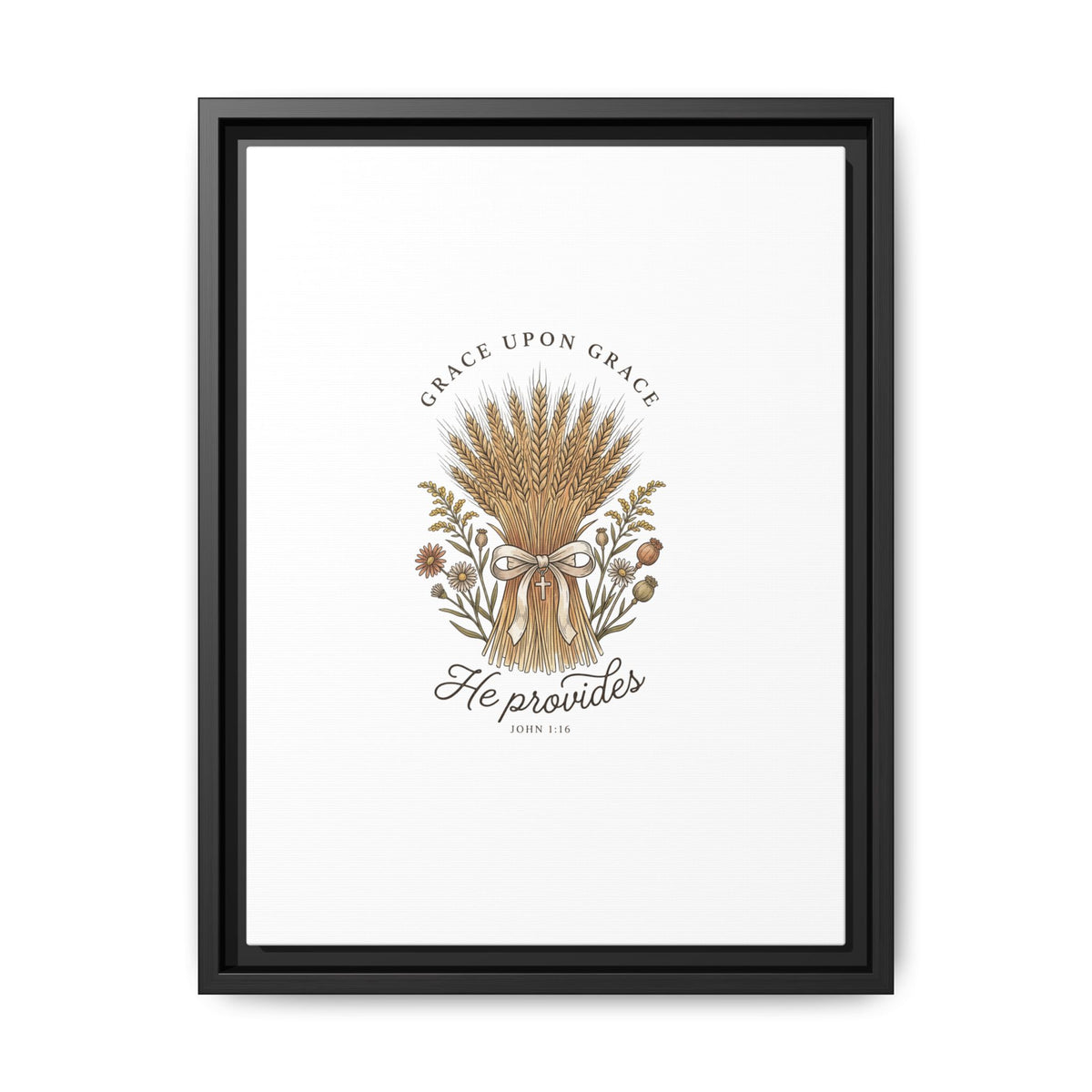 Framed Matte Canvas Wall Art — "He Provides" Wheat & Floral Religious Print