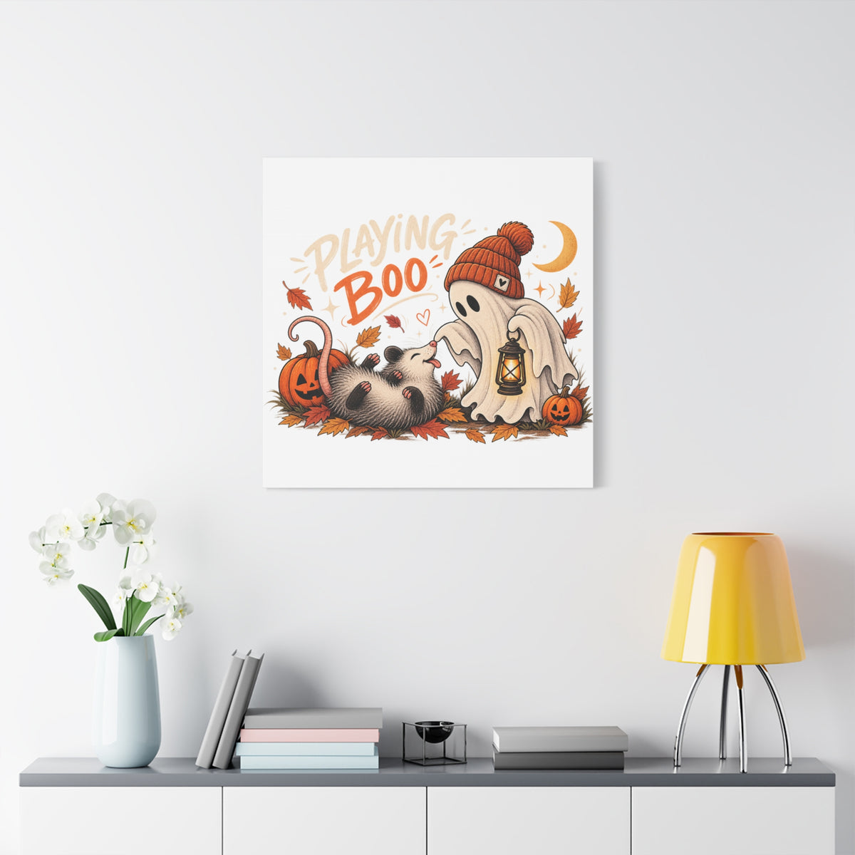 Playing Boo Canvas Wall Art — Cute Halloween Ghost & Possum Matte Stretched Print