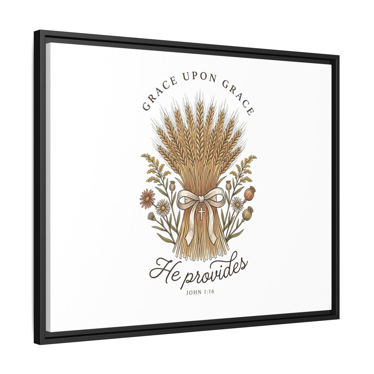 Framed Matte Canvas Wall Art — "He Provides" Wheat & Floral Religious Print